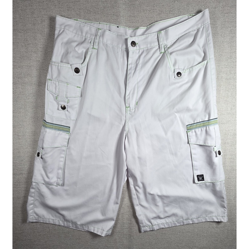 Red Ape Mens 38 White Cargo Shorts Baggy Y2K Streetwear Lime Green Stitching